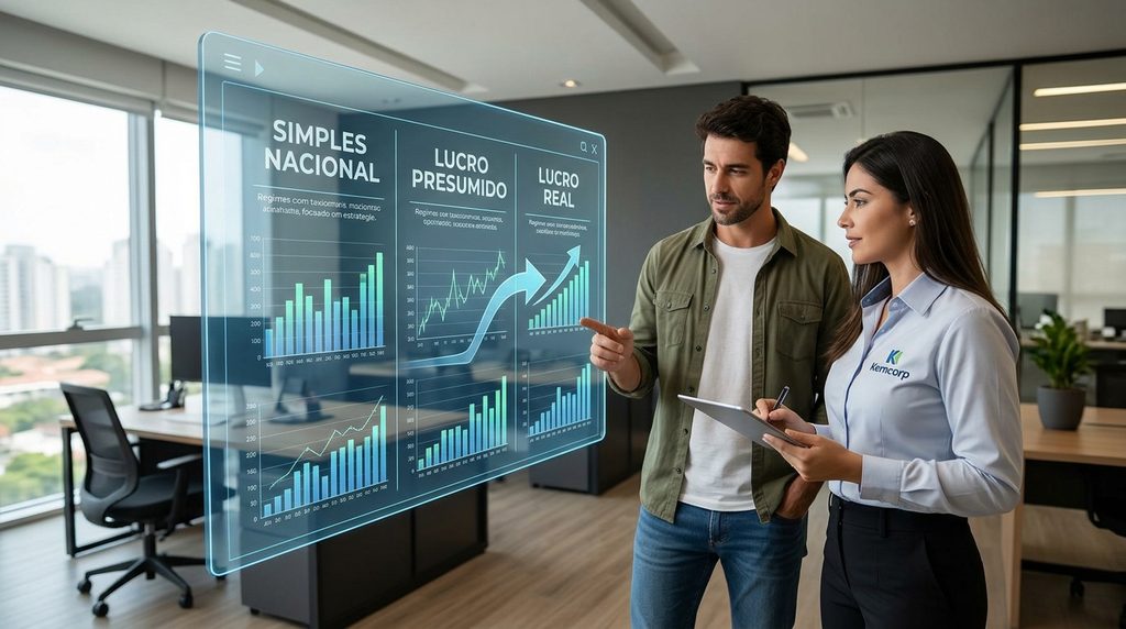 Consultor da Komcorp e empresário analisando dados comparativos entre Simples Nacional, Lucro Presumido e Lucro Real em dashboard transparente.